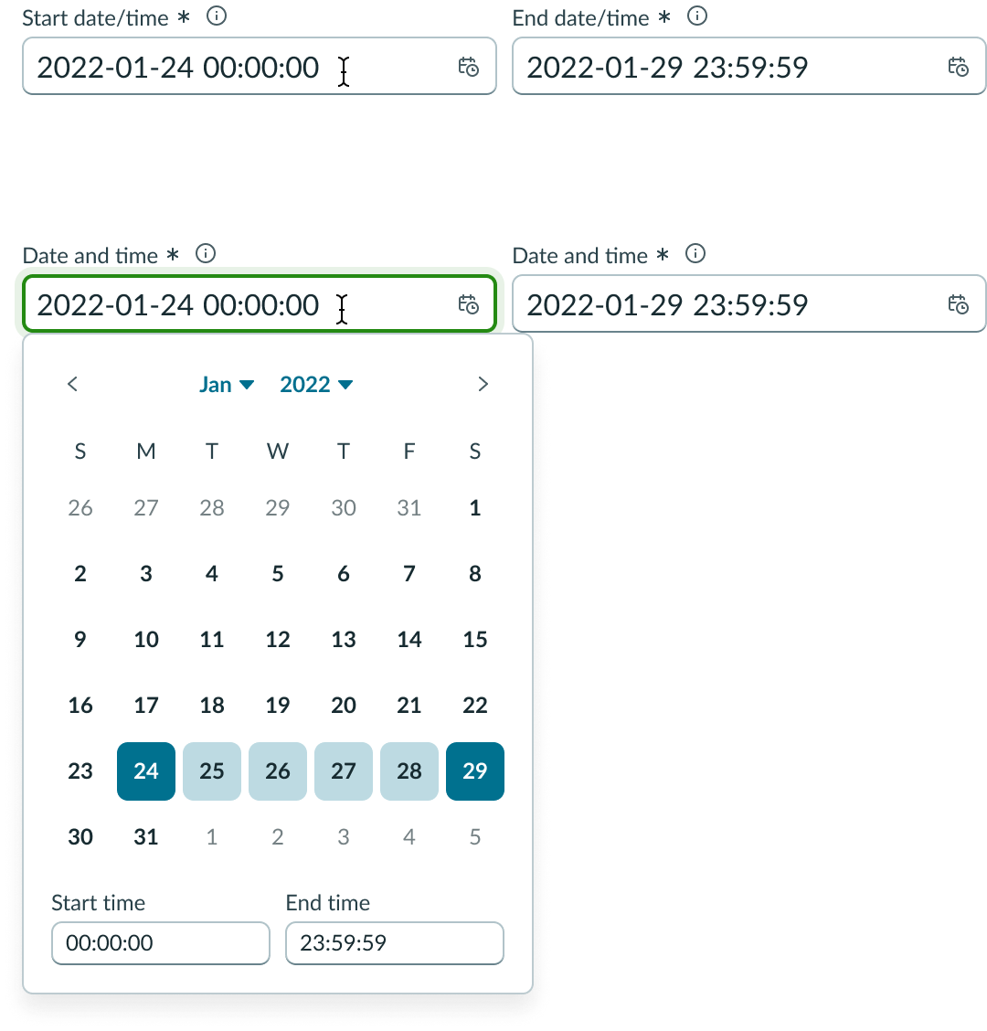 Date-time-interval with the picker open, displaying a selection of dates.