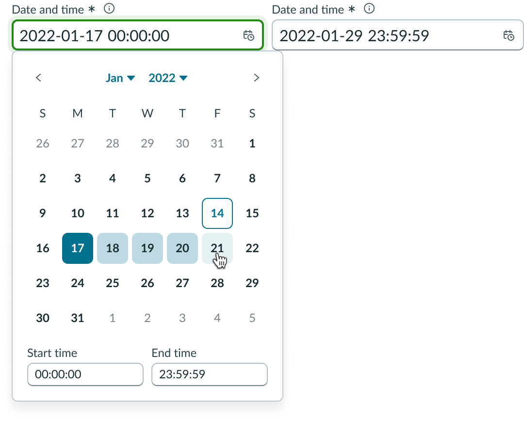 Date-time-interval with the picker open, displaying a selected start date and a cursor hovering over an end date.