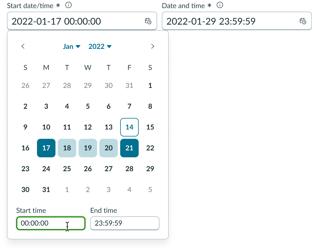 Date-time-interval with the picker open, displaying a selected date range and values in the start and end time fields.