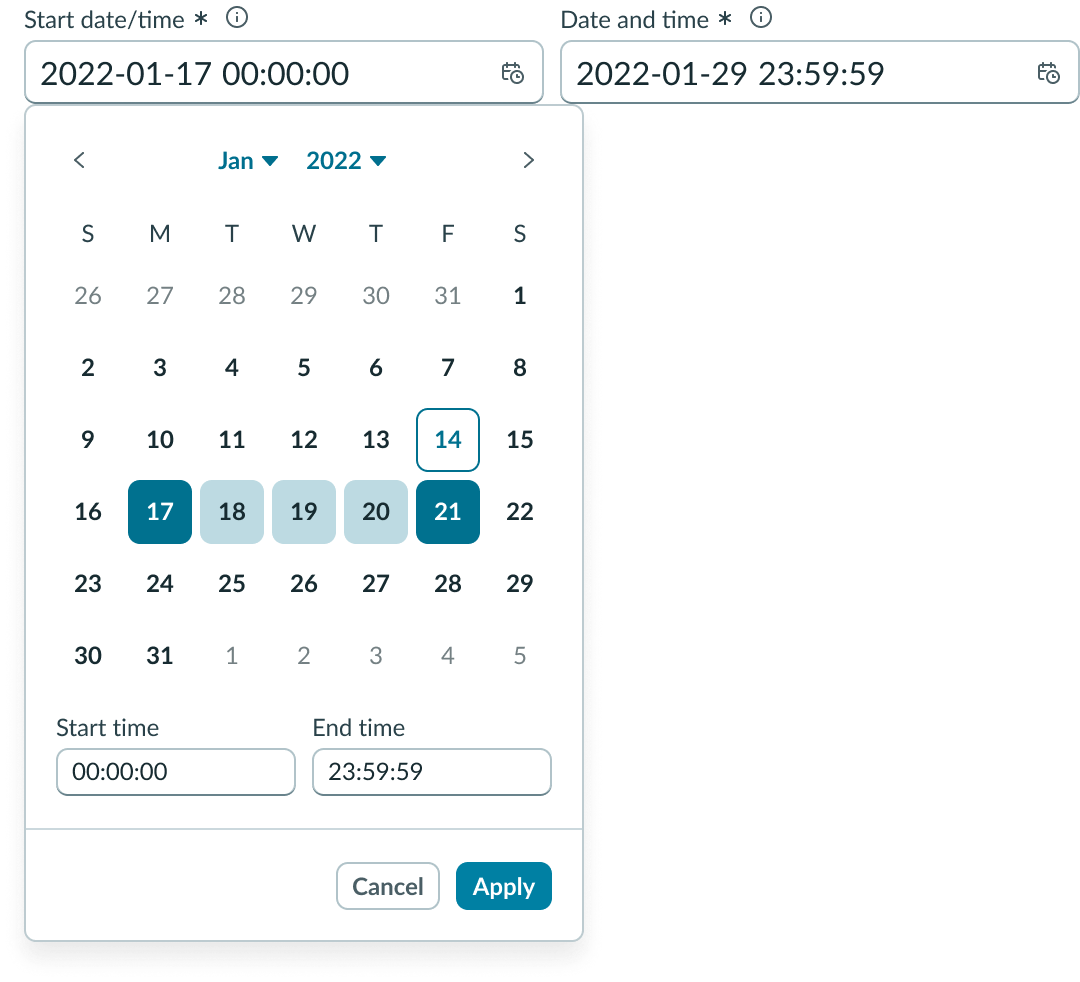 Date-time-interval displaying Cancel and Apply options in the picker footer.