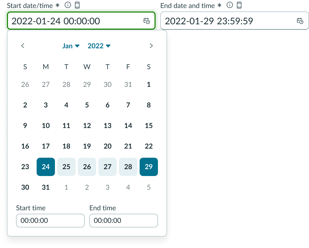 Date-time-calendar displaying date and time inputs.
