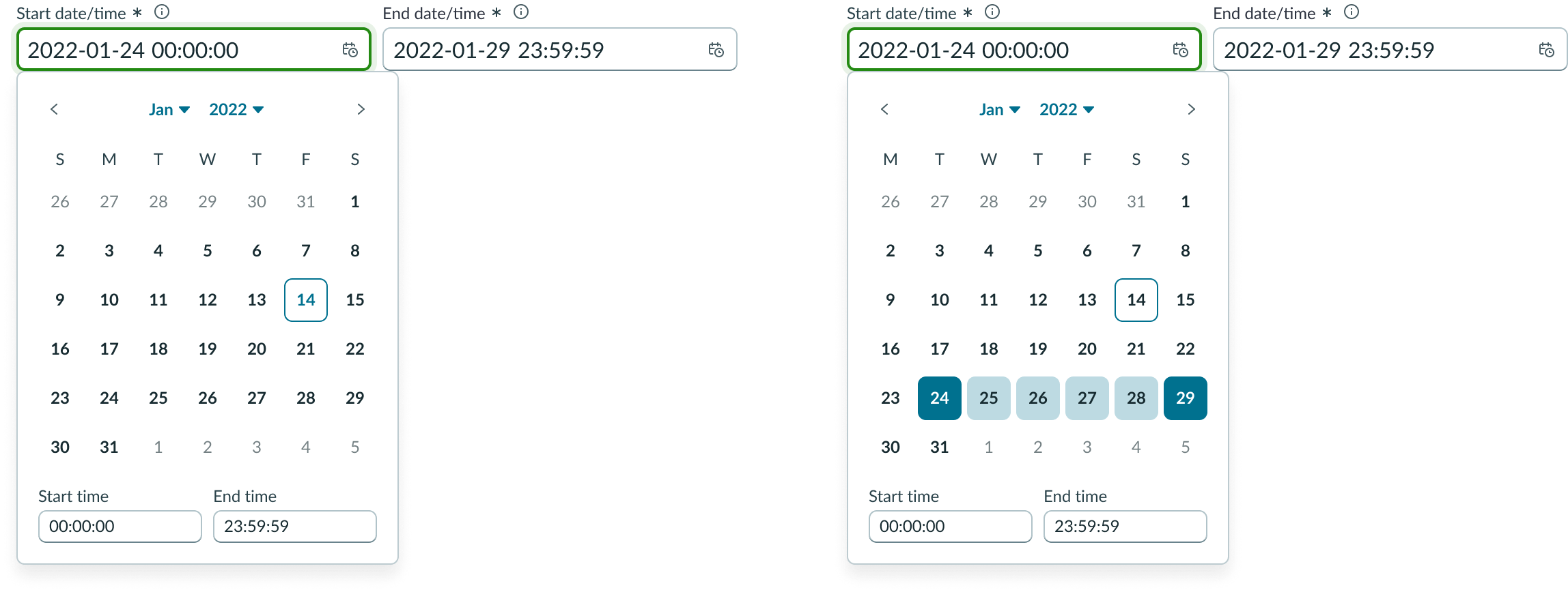 Date-time-interval showing Sunday-first and Monday-first week layouts.