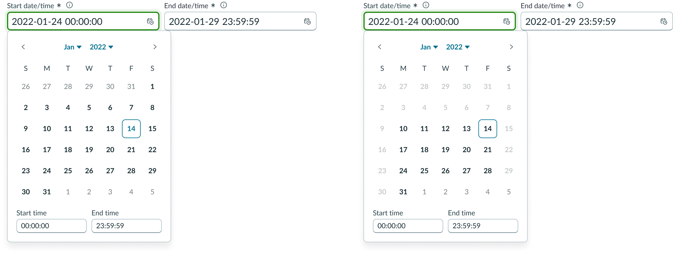 Date-time-interval with specific dates disabled and greyed out.