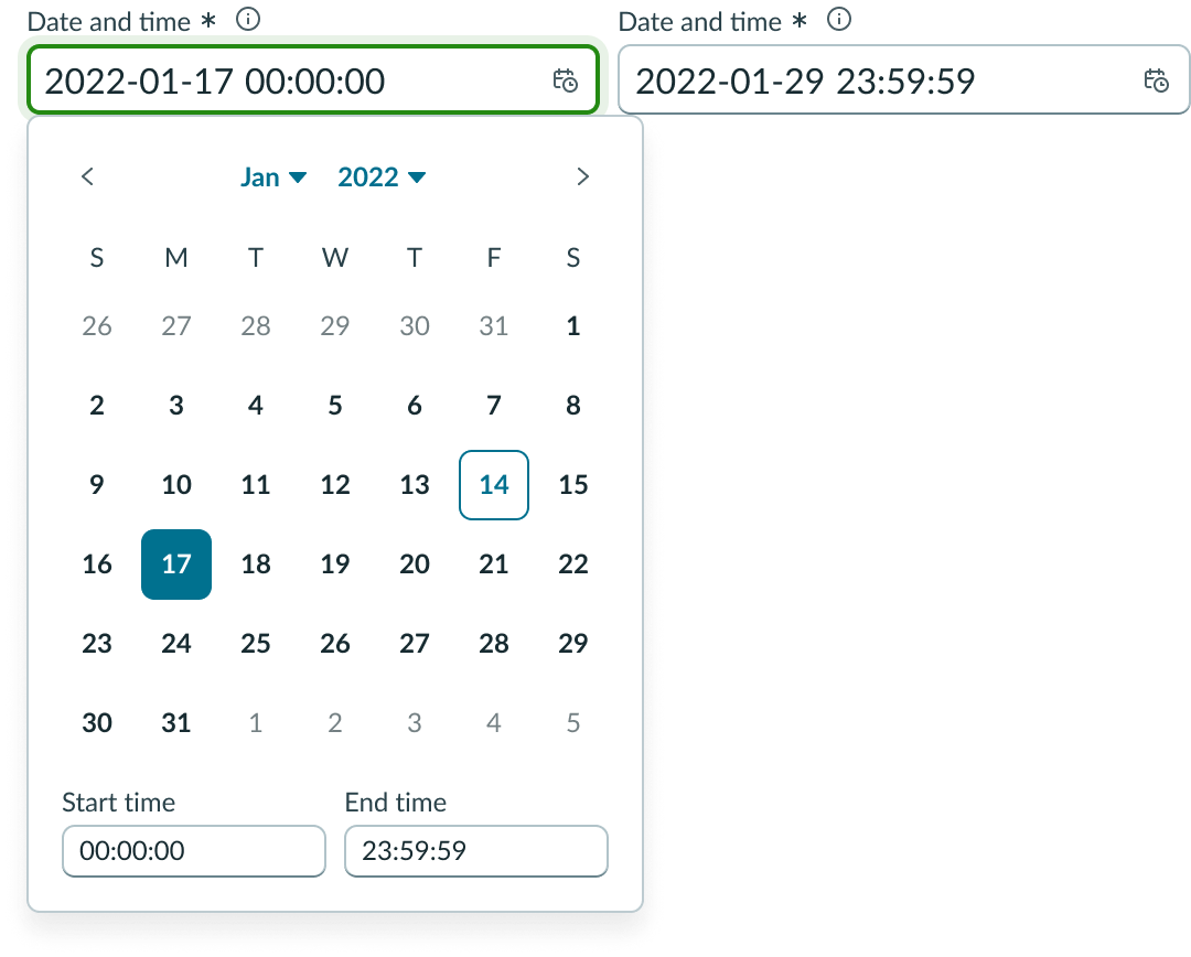 Date-time-interval with the picker open and one date selected.