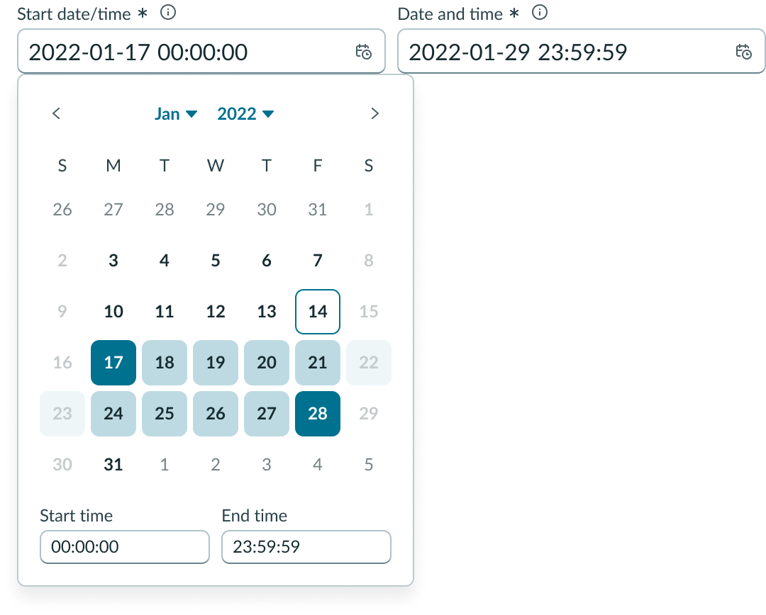 Date-time-interval with selected dates disabled and greyed out.