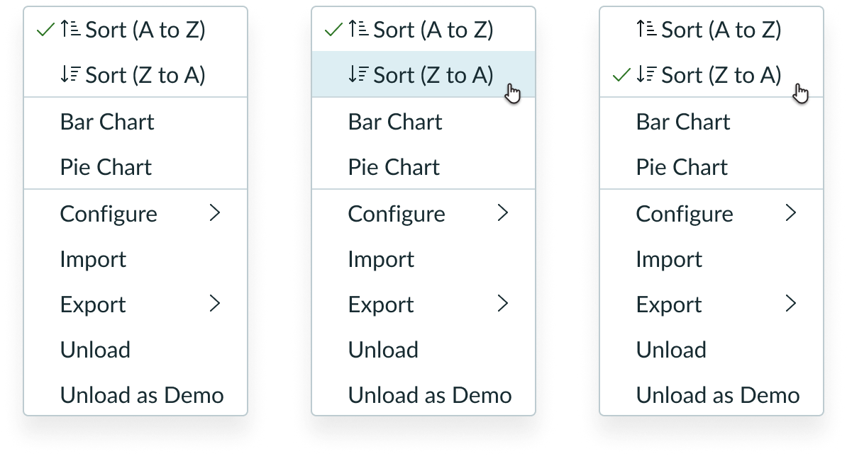 Three instances of the same panel in flyout menu; cursors and selected state icons demonstrate that the single selection appears with the selected list-item