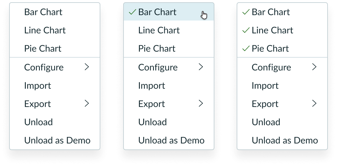 Three instances of the same panel in flyout menu demonstrating the toggle behavior of selecting the same item, as well as the selection displayed on multiple items at once