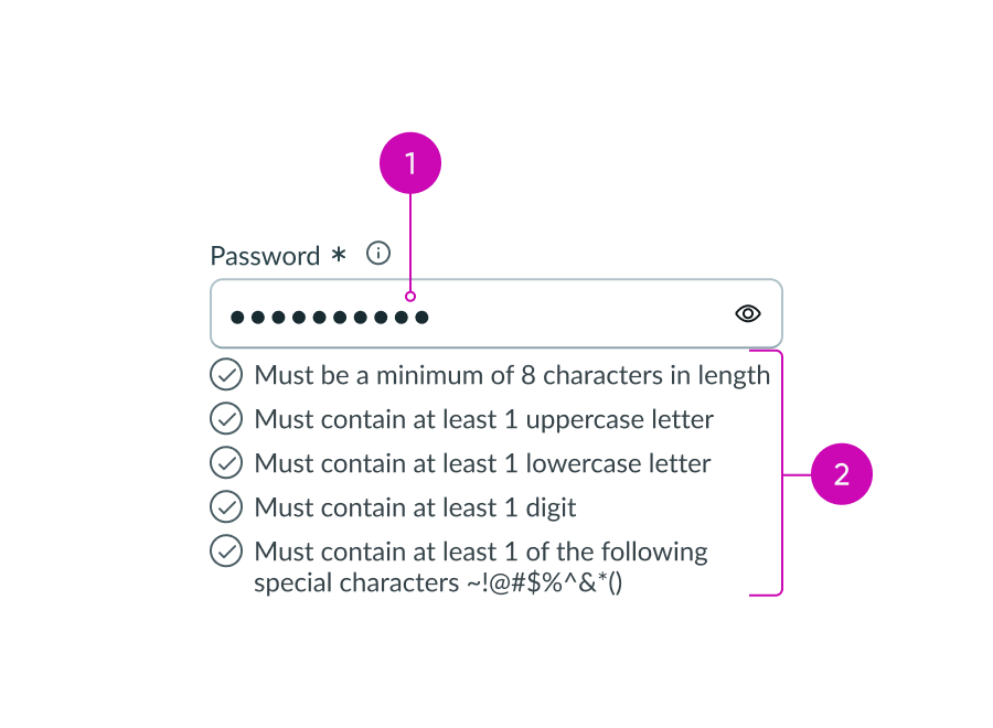 Anatomy of the password input field criteria as the user enters a password
