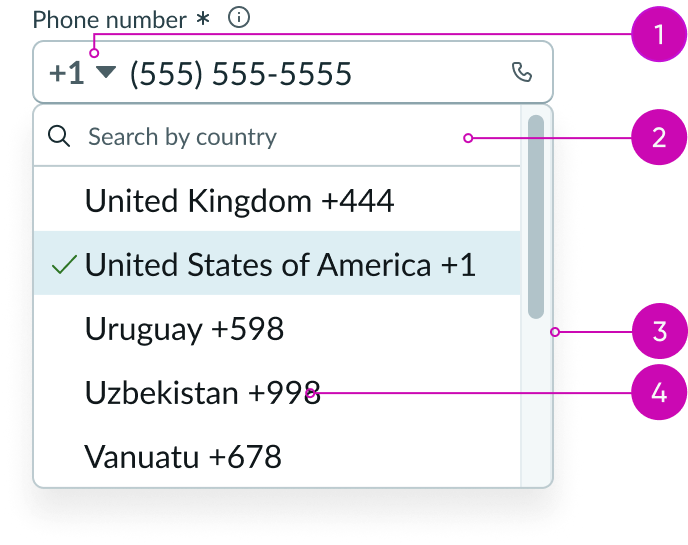 anatomy of the dropdown panel for phone number input field