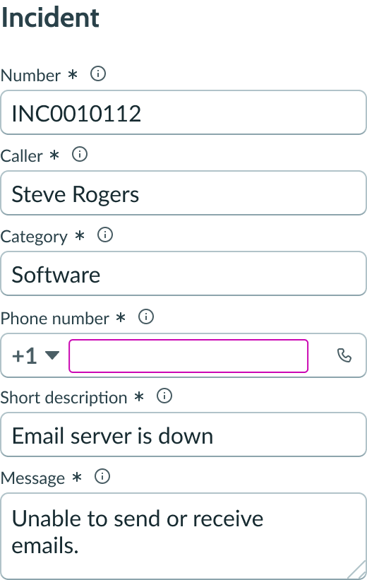 phone number input field in a form for a user submitted incident