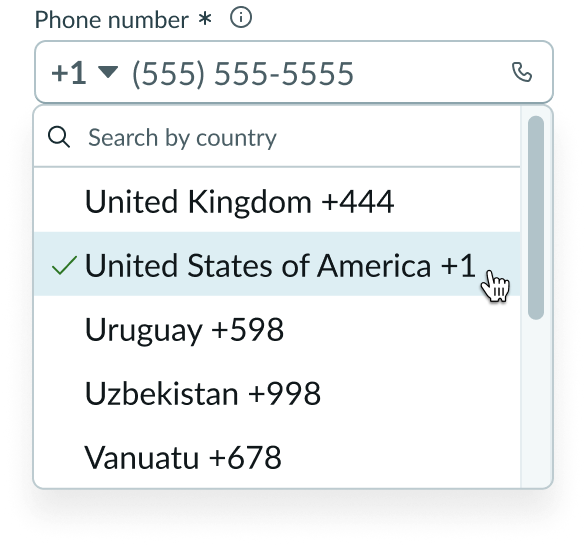 dropdown panel where the user can select a country to choose its country code