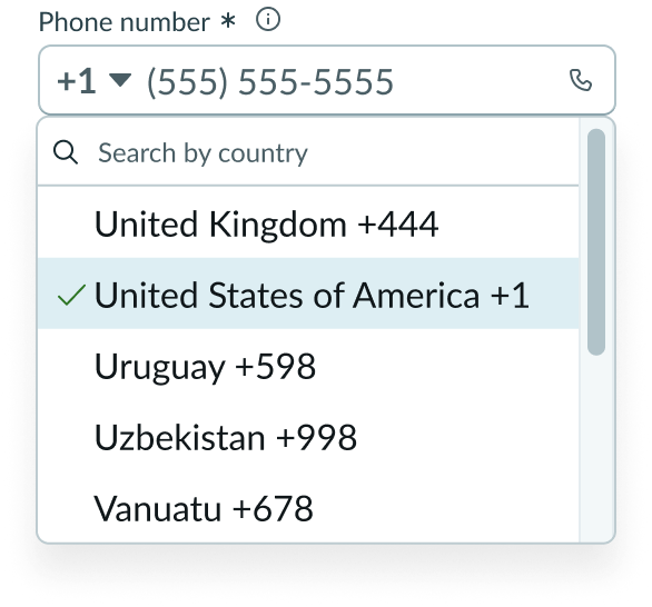 list of phone number country codes in the open dropdown panel