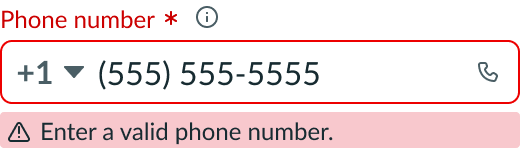 The input phone field in an invalid state, showing a message telling the user what caused the error