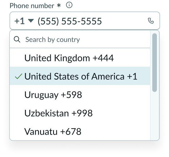 dropdown panel where the user can select a country to choose its country code