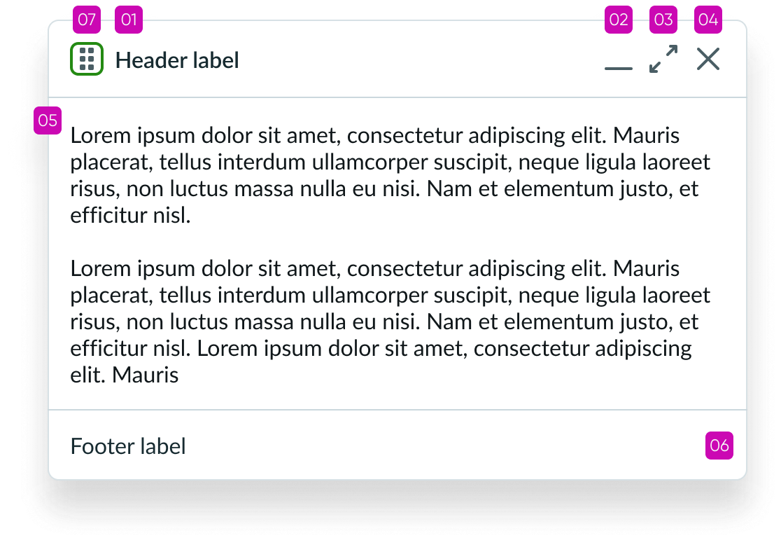 Tab order of modeless dialog with the dialog as the first tab stop the header infro from left to right tab stops next, then content area, followed by footer content from left to right 