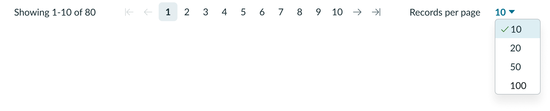 Shows user interaction with the dropdown for selecting the number of records per page