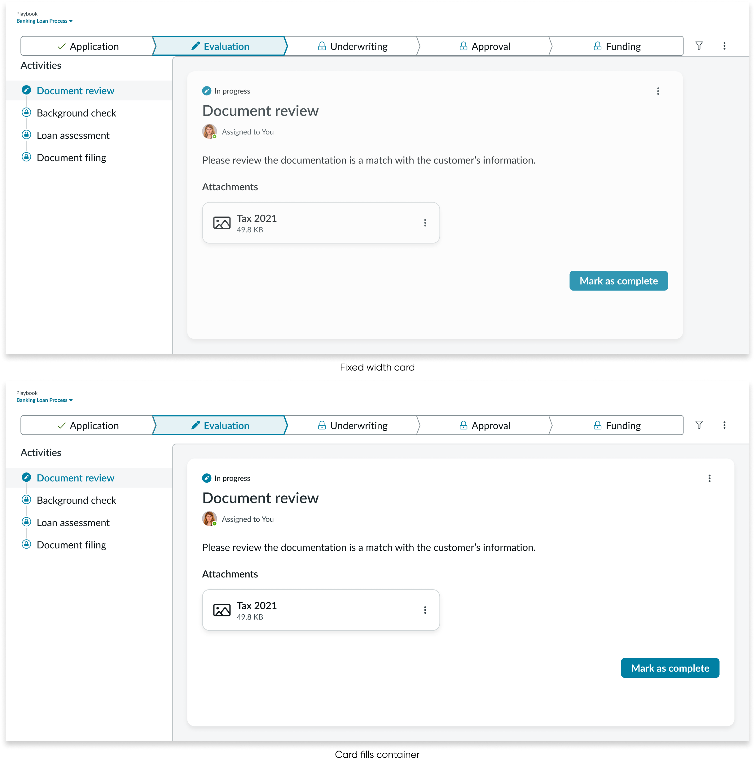 Focused view showing one activity and its details at a time