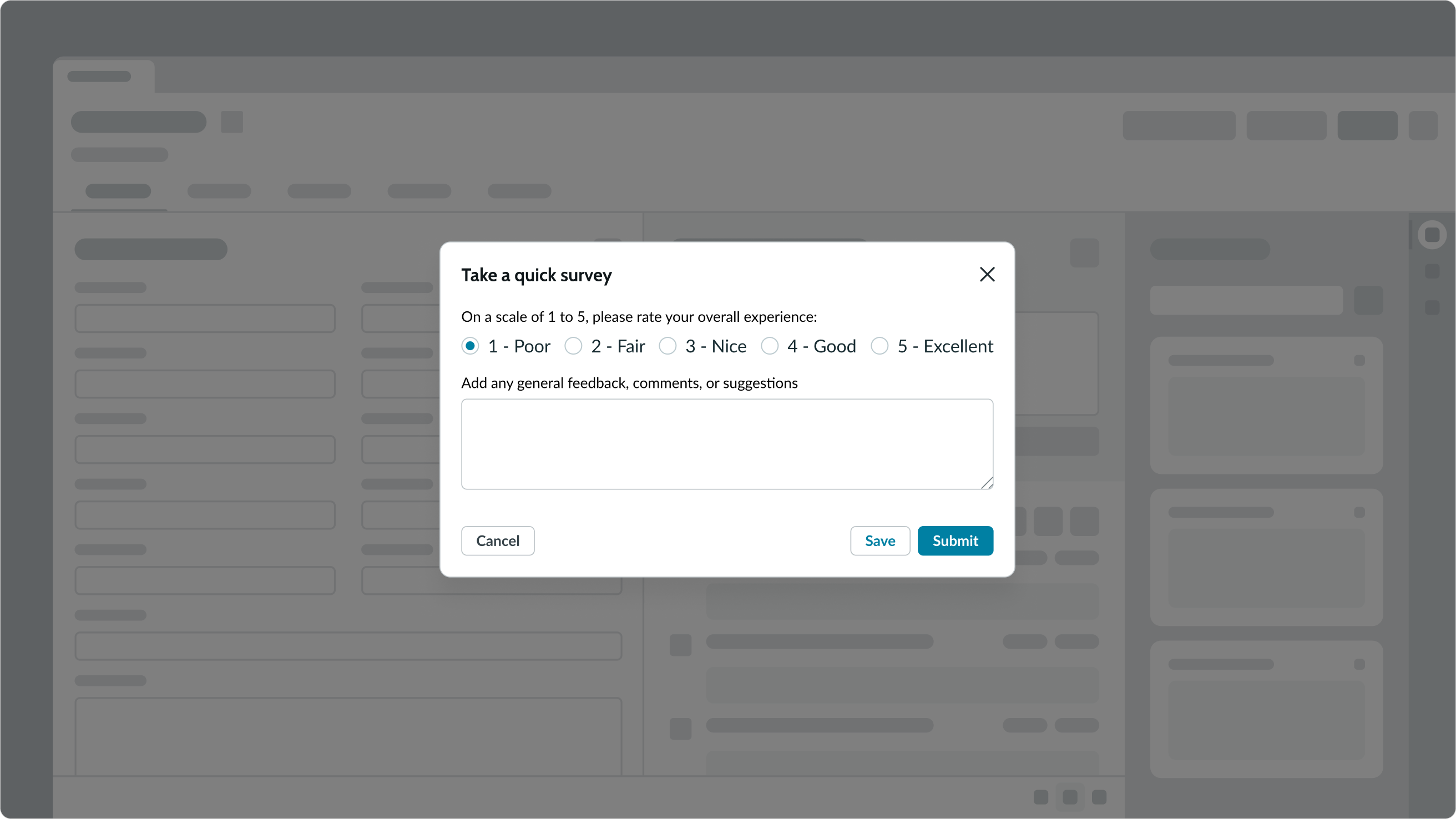 Example of using radio buttons in a survey, with the first option selected.