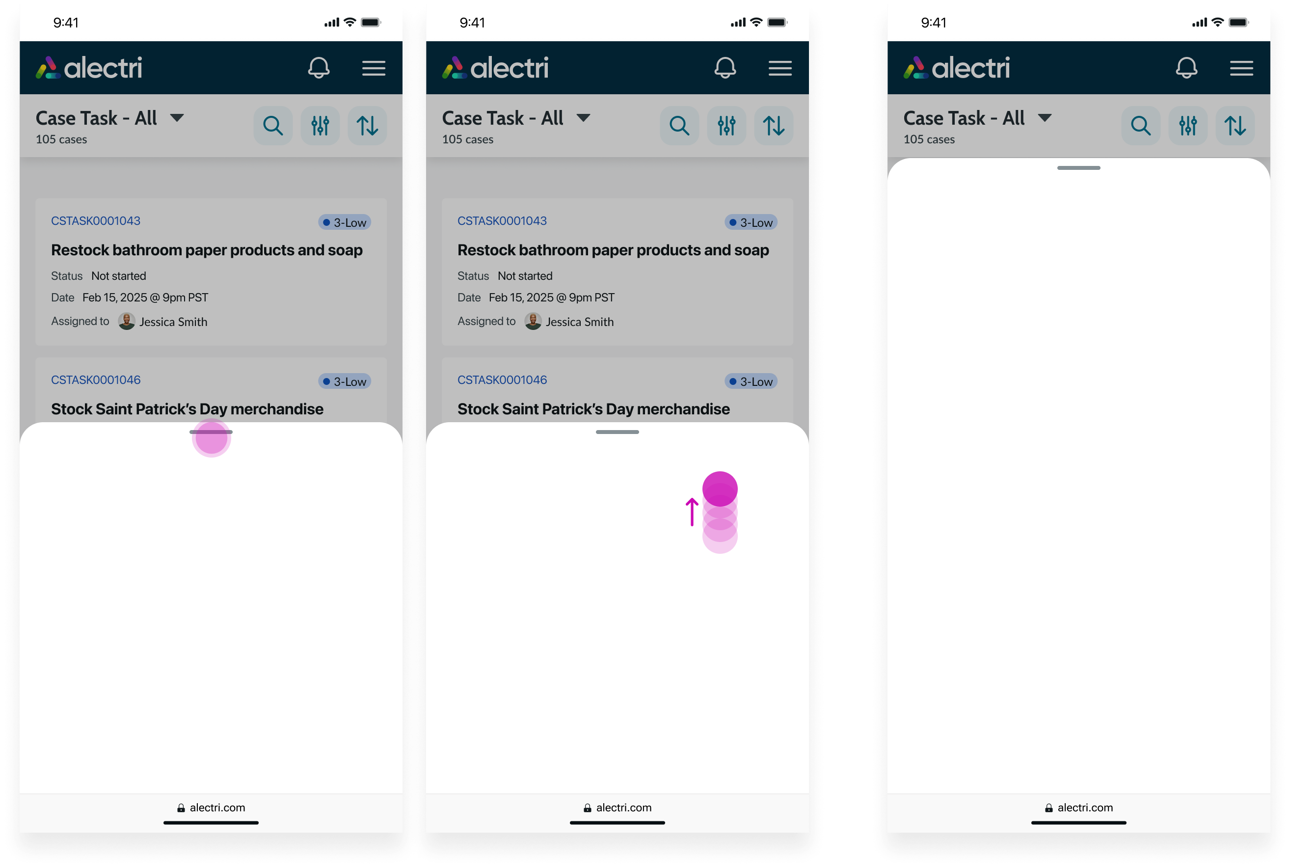 Example of sheet demonstrating the expand behavior with callouts on the handle and swipe/drag upward motion.