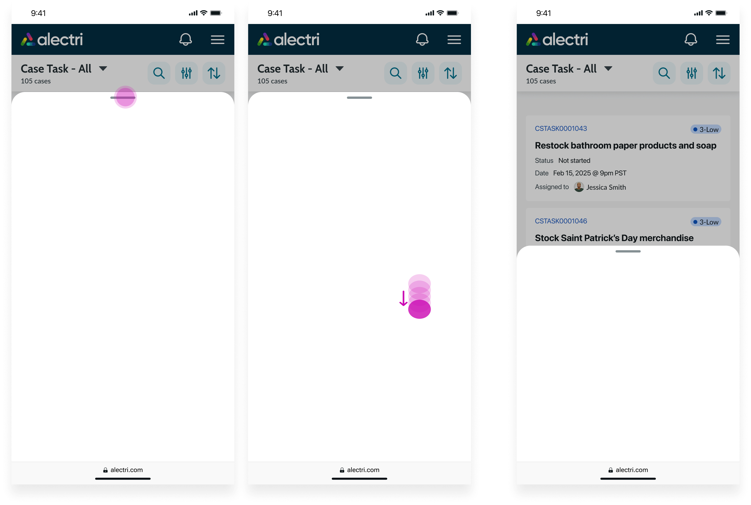 Example of sheet demonstrating the collapse behavior with callouts on the drag handle and swipe down motion.