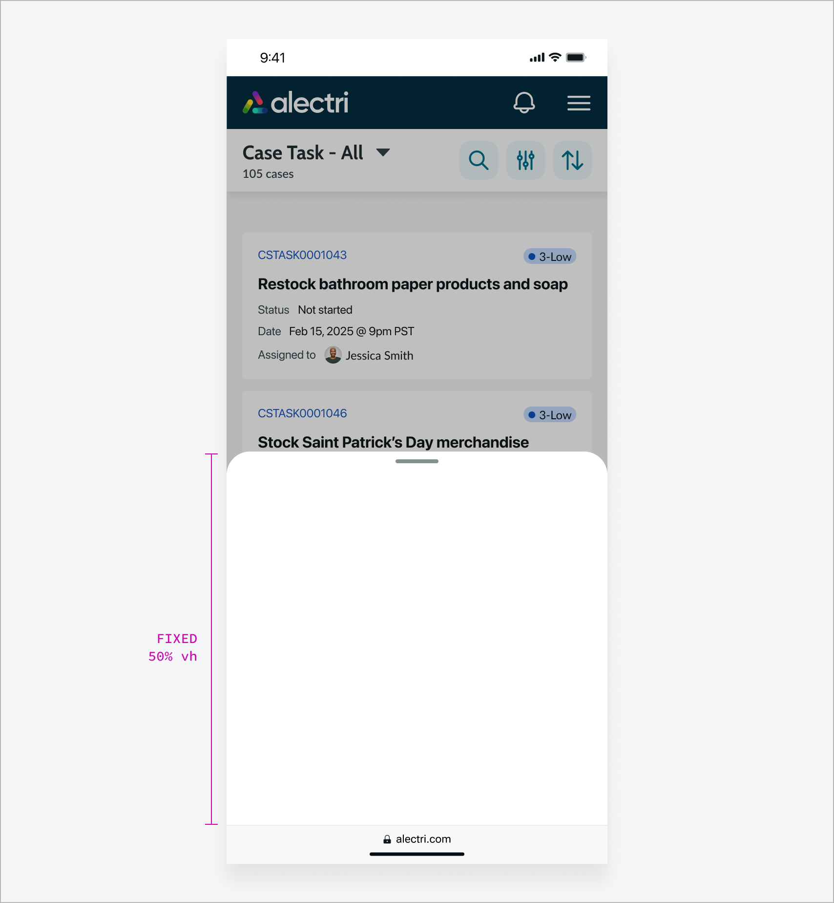 Sheet with size set to Fixed. The content takes up 50% of the viewport and is non-resizable.