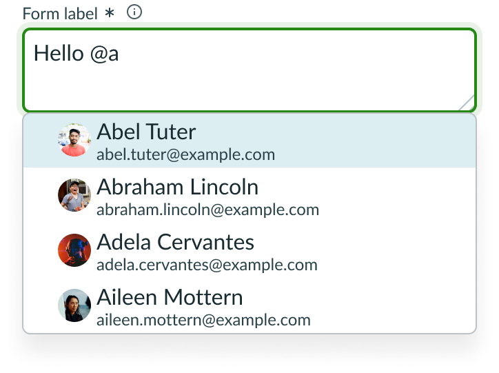 Shows a dropdown panel in the textarea input field that displays user names matching the @mention entry