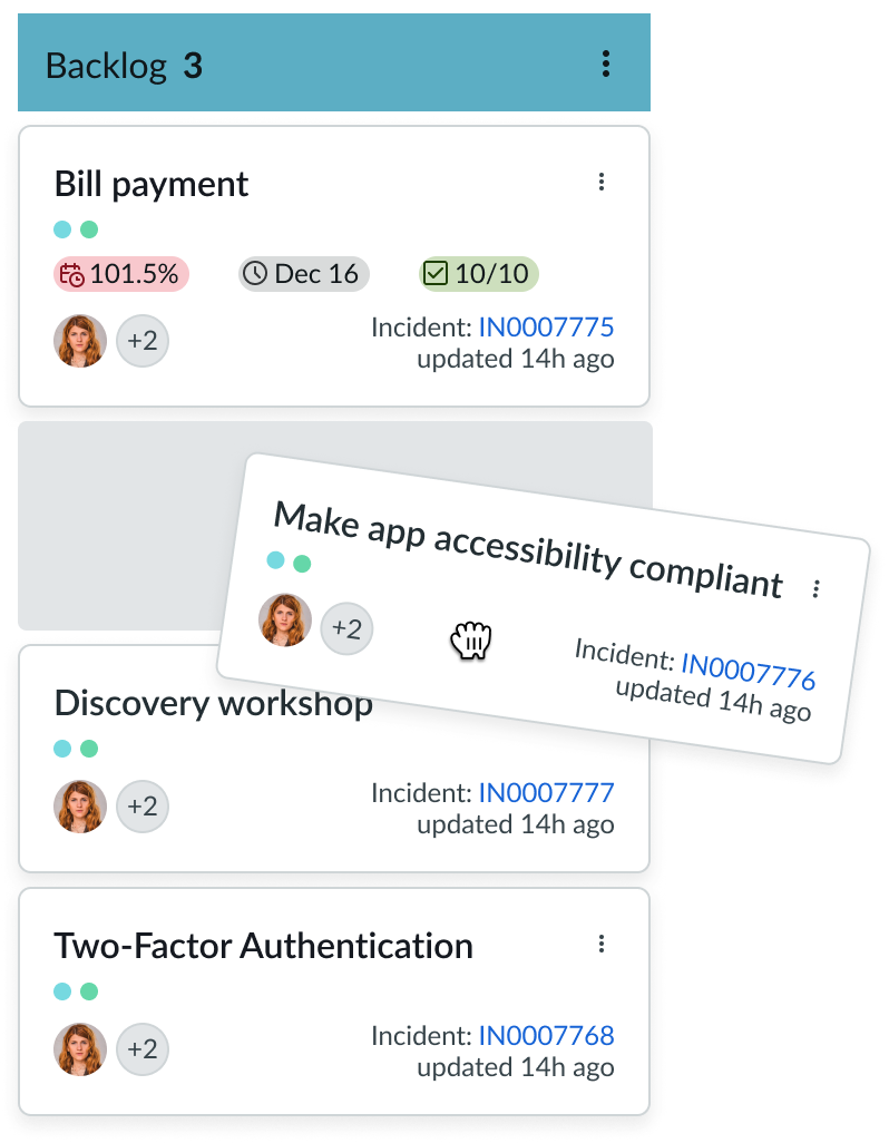 Dragged Kanban board card with grey source space