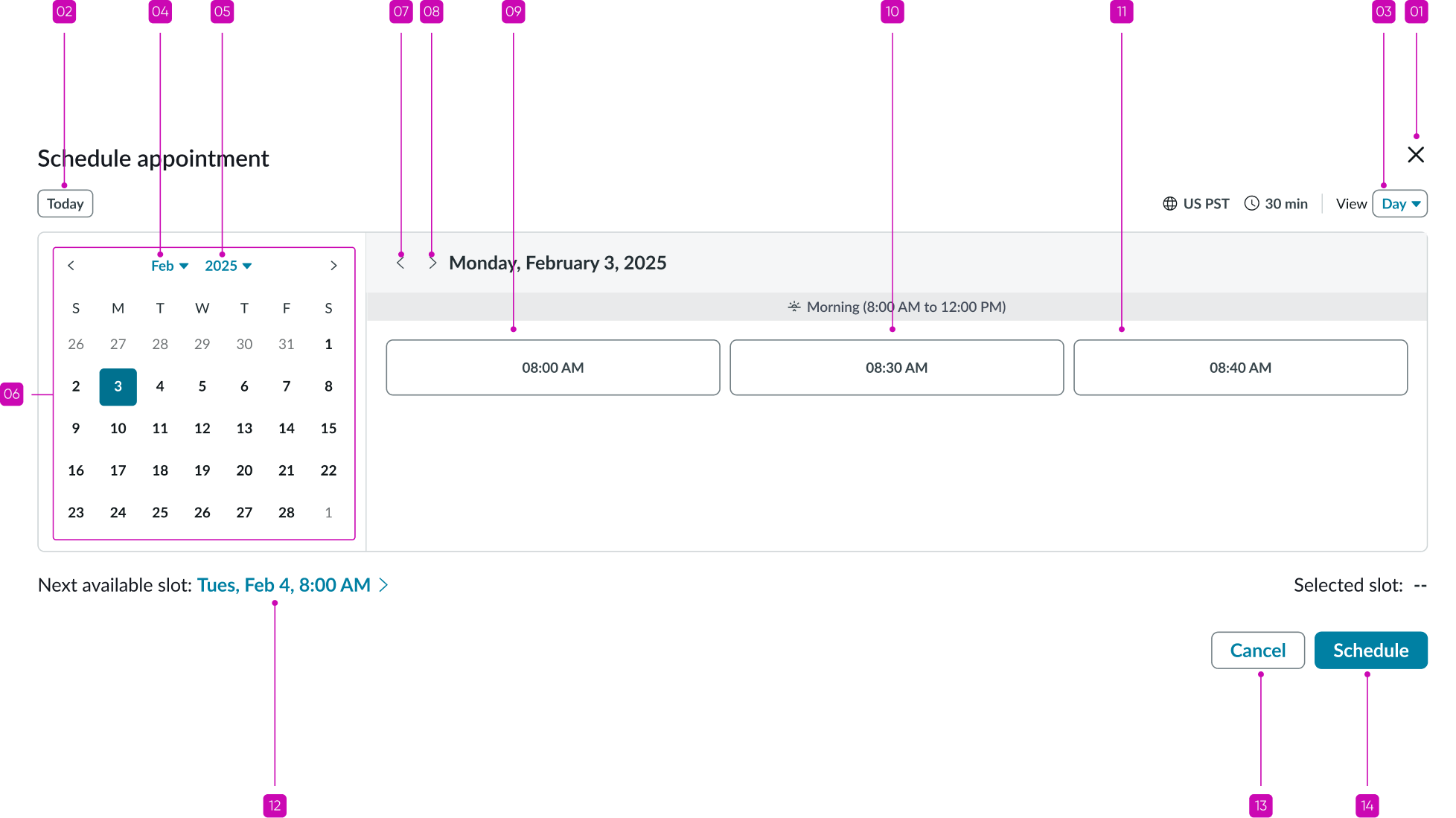 tab order of appointment calendar component in day
view