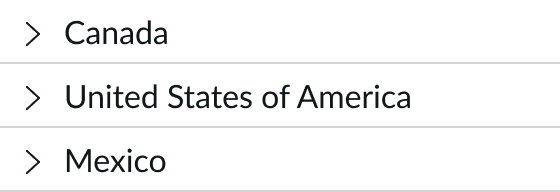 content tree with country names as parent nodes