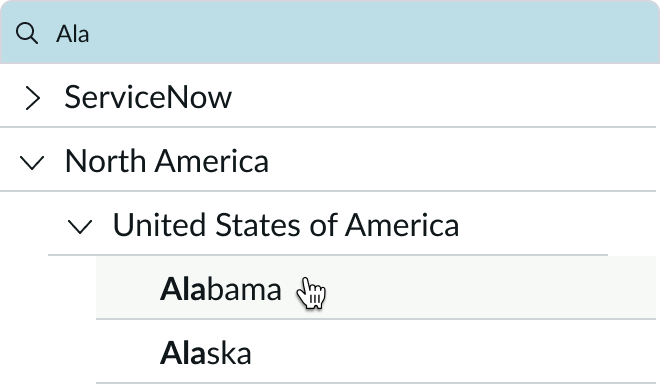 'Ala' appears in the search and the matching string in both Alabama and Alaska is bolded