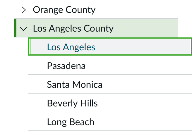the parent node Los Angeles County and its child node Los Angeles are both highlighted