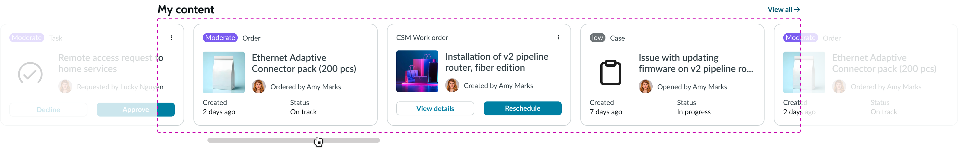 scroll bar for viewing overflow cards in a horizontal
format