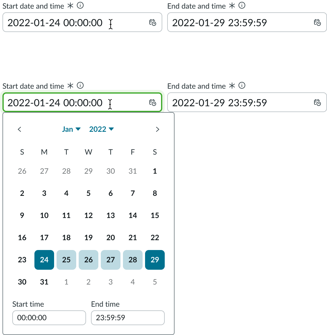 Date-time-interval with the picker open, displaying a selection of dates.