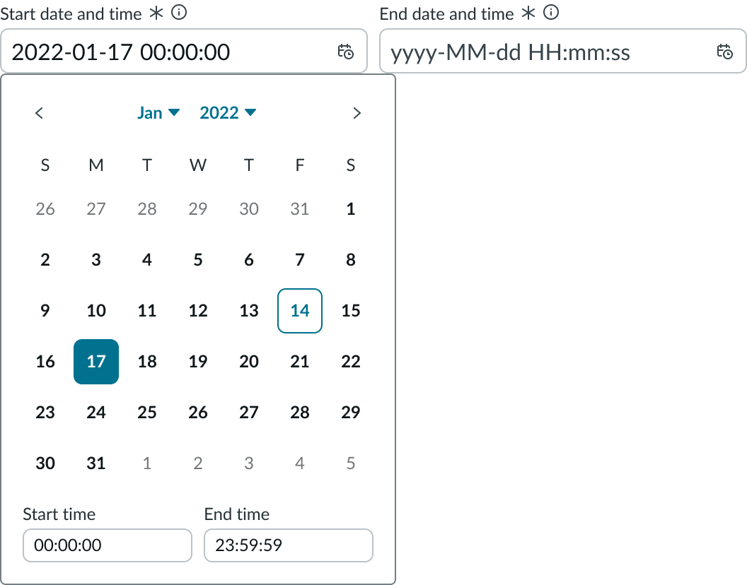 Date-time-interval with the picker open and one date selected.