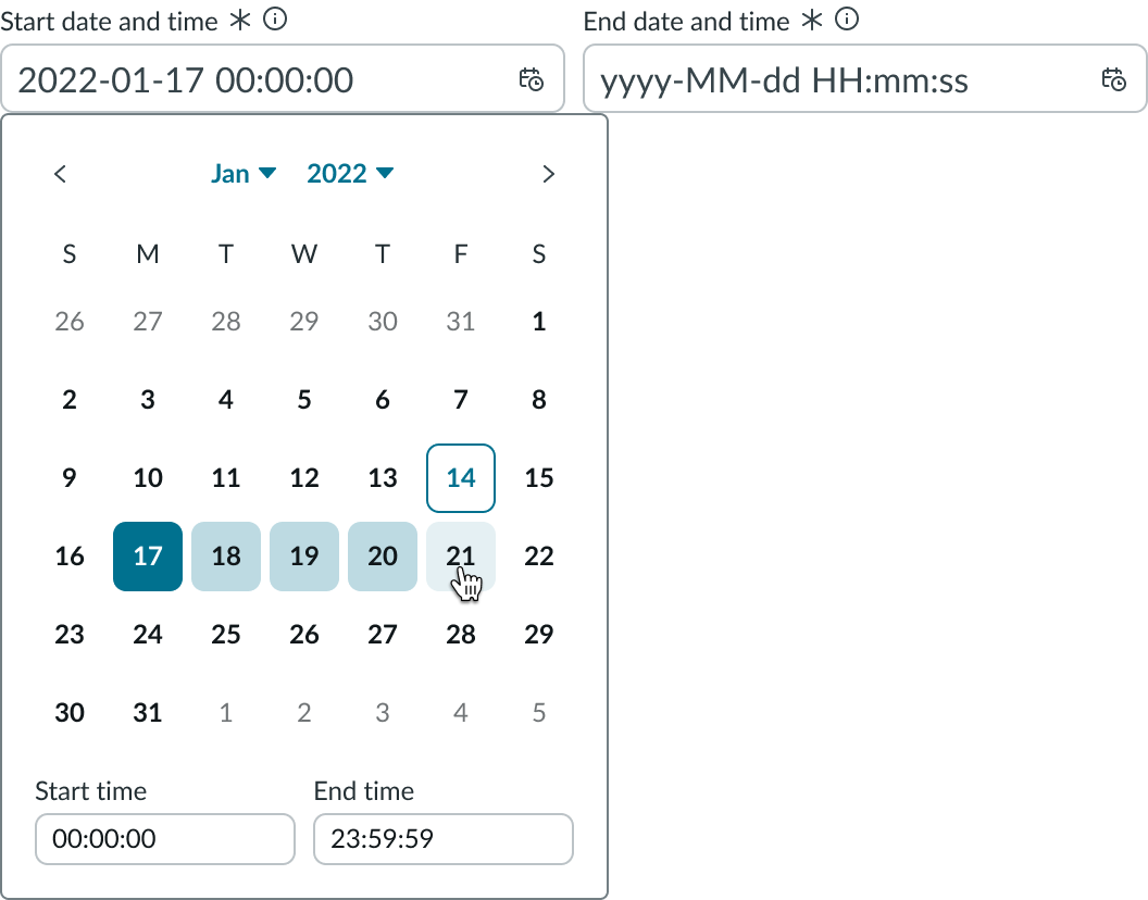 Date-time-interval with the picker open, displaying a selected start date and a cursor hovering over an end date.