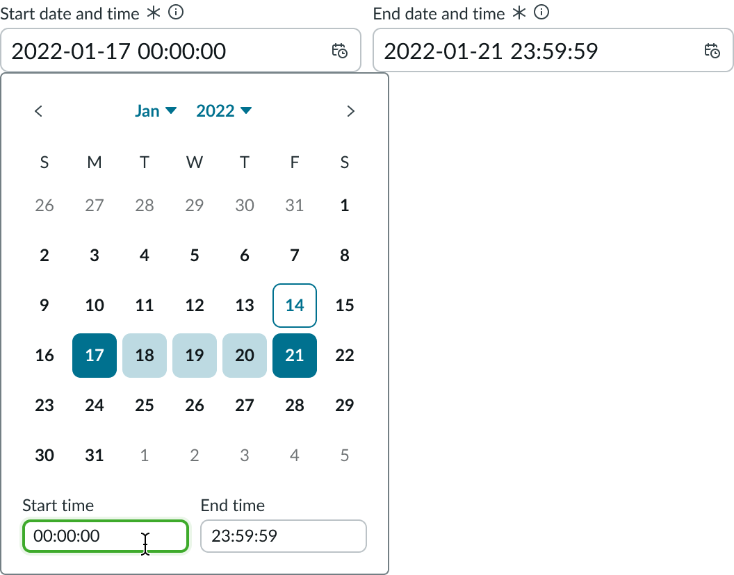 Date-time-interval with the picker open, displaying a selected date range and values in the start and end time fields.