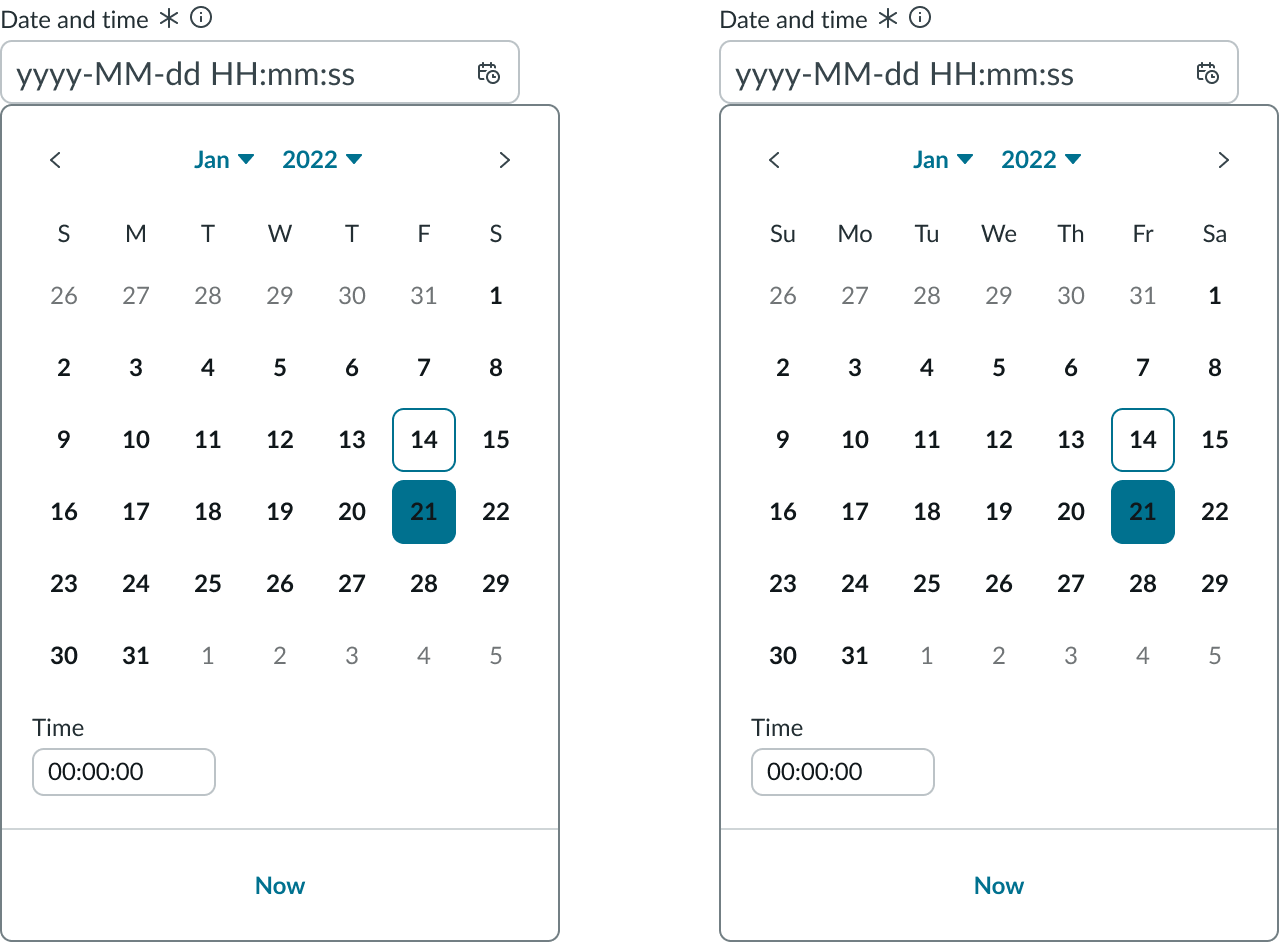 Two date-time instances demonstrating single-letter day abbreviations and two-letter abbreviations.