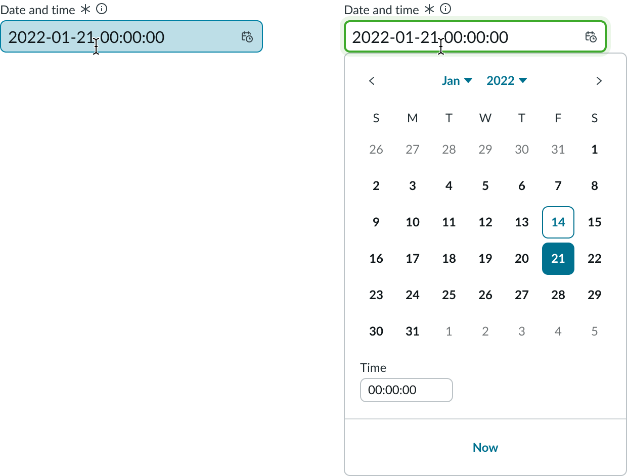 Shows the input field being selected, displaying the calendar.