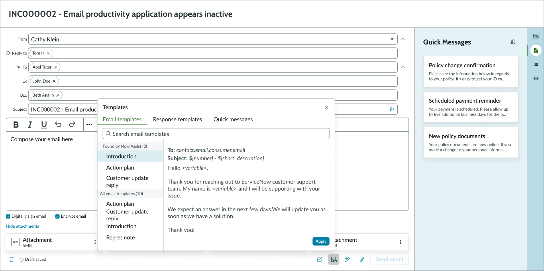 email composer appearing in a column in a display