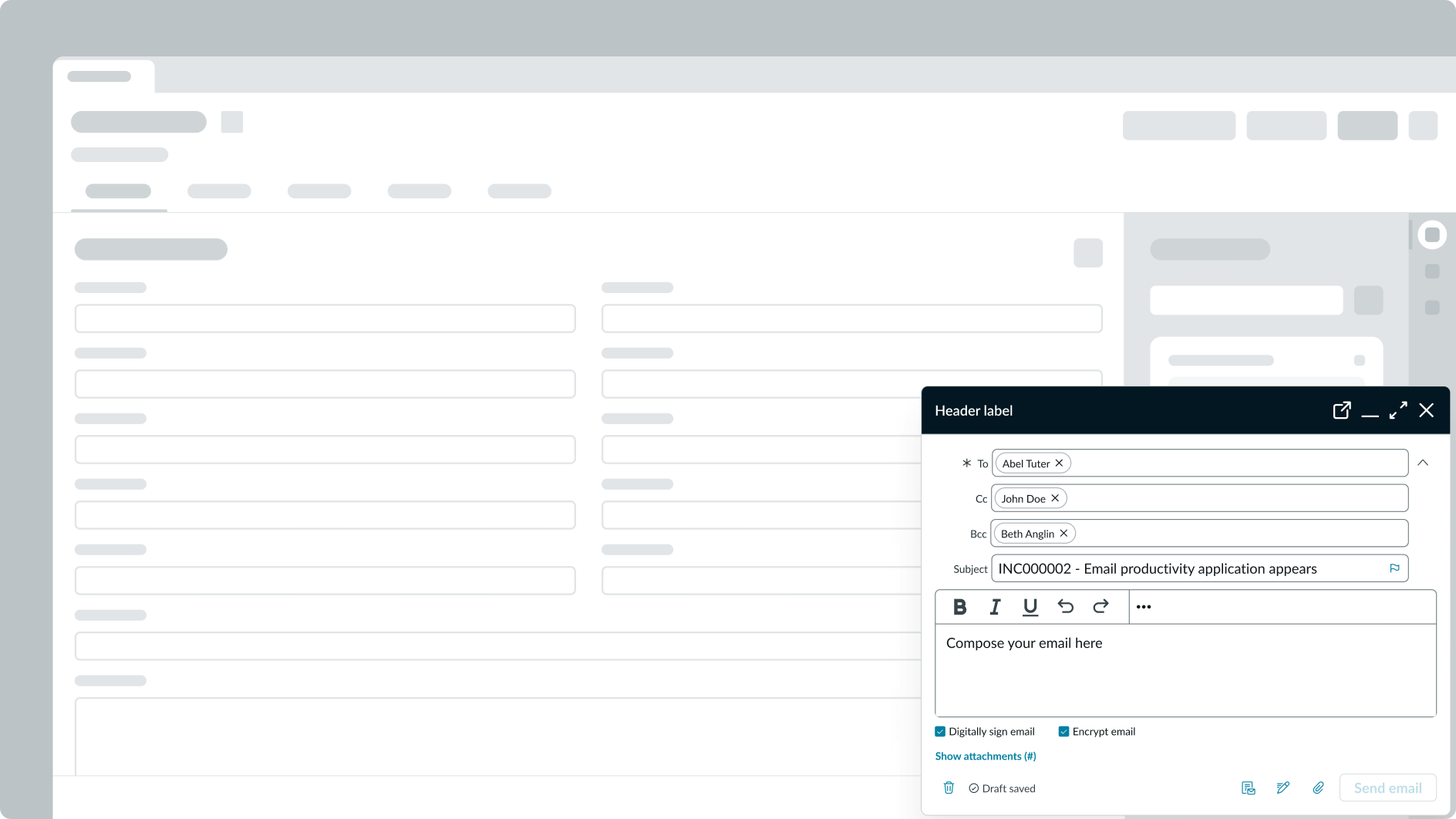 email composer component in new tab in the display