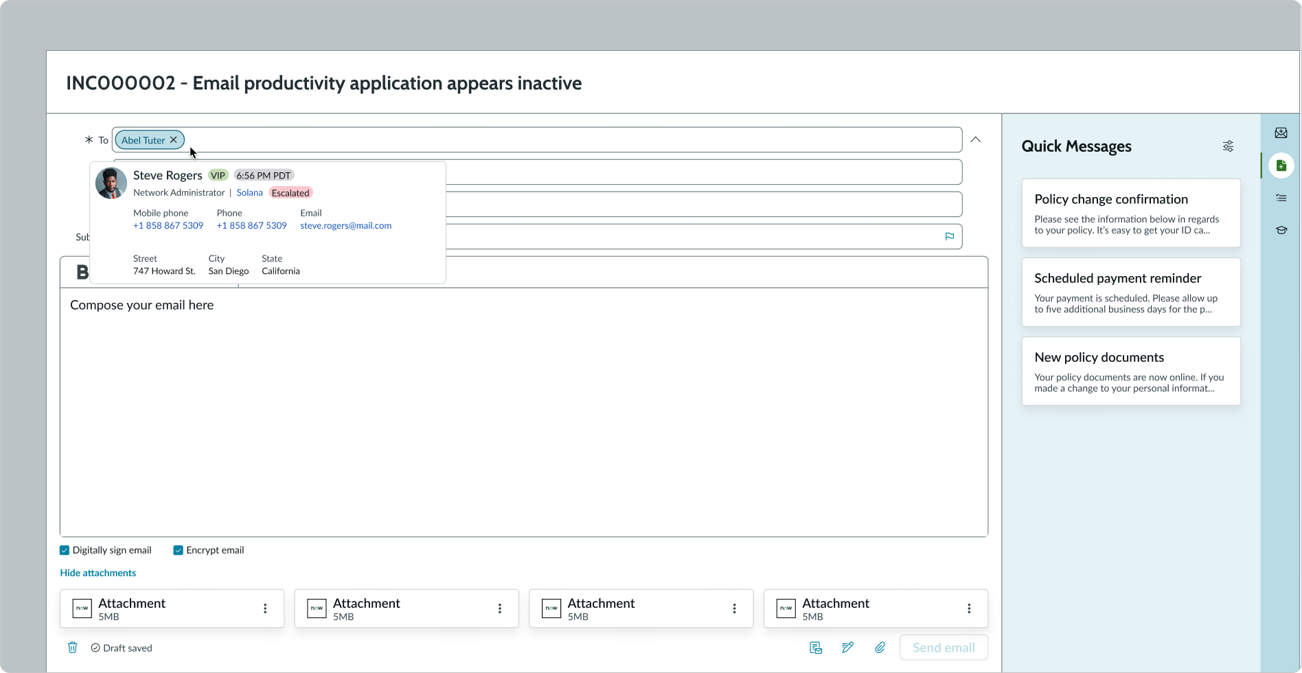 Example of selecting a user pill and displaying the user contact card.