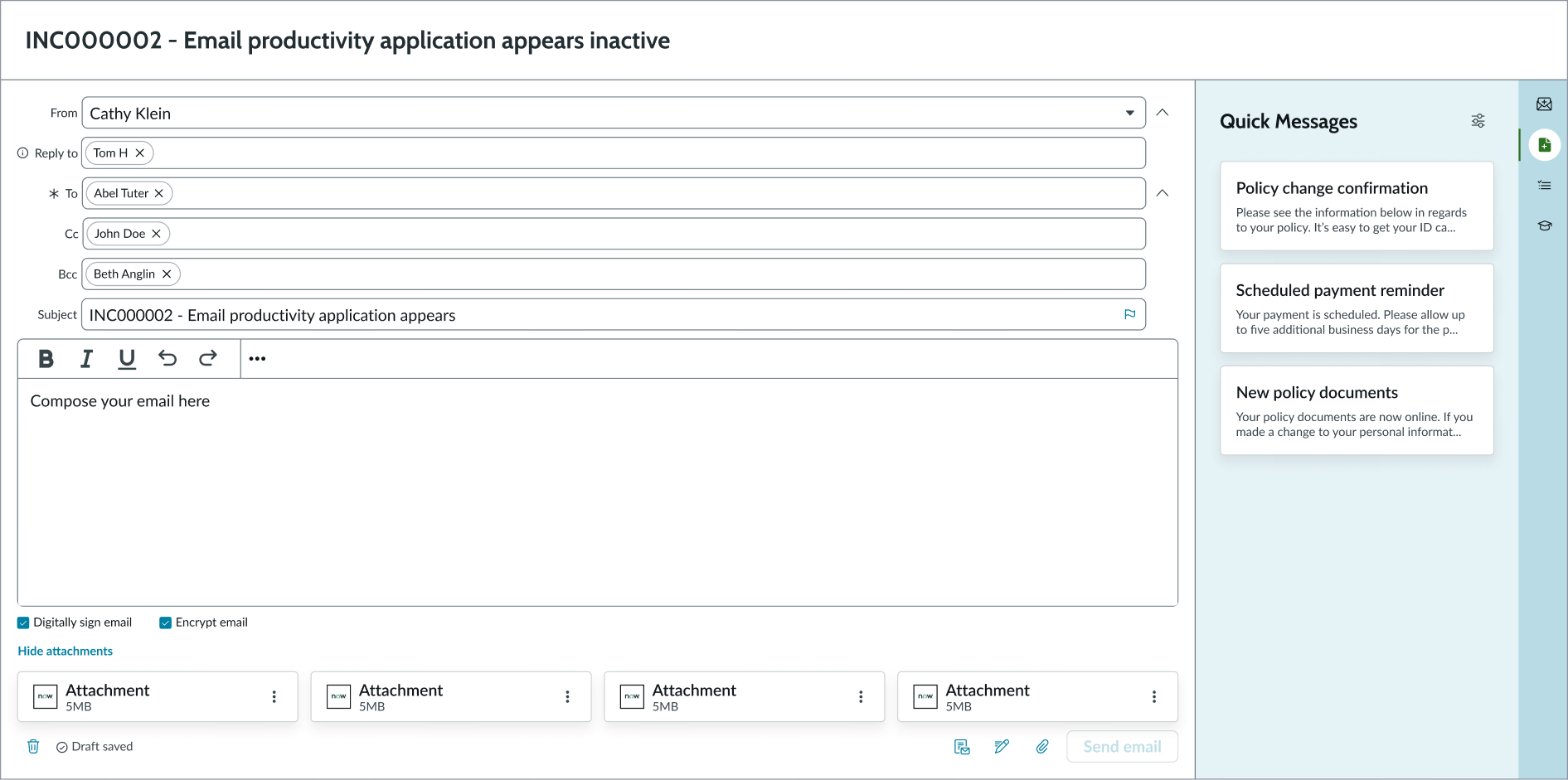 email composer appearing in a column in a display