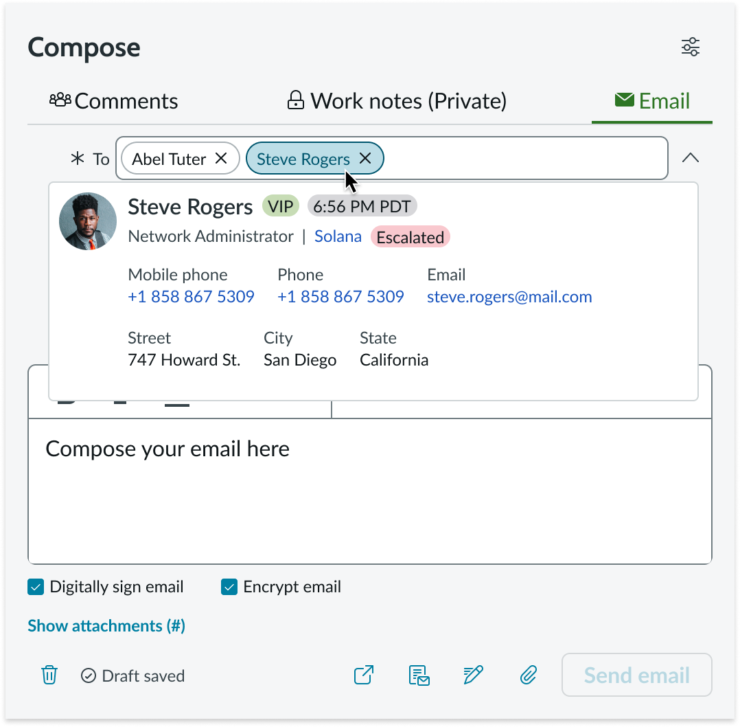 Example of selecting a user pill and displaying the user contact card.