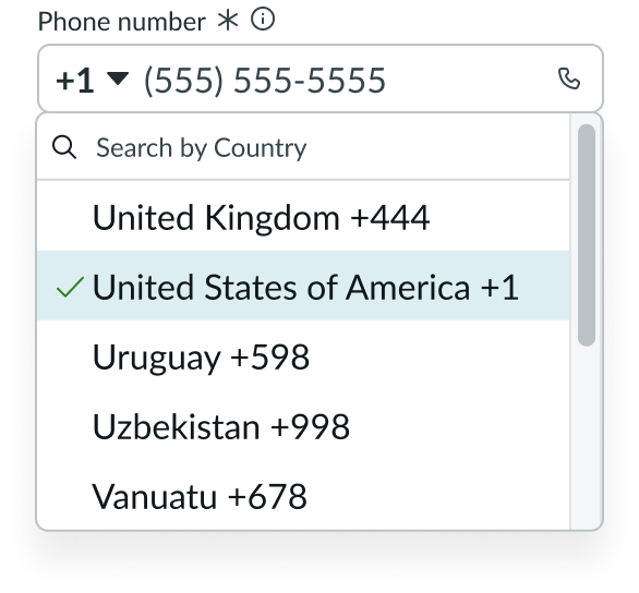 list of phone number country codes in the open dropdown panel