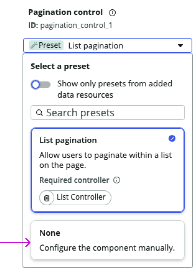 Shows the preset selection panel with None selected