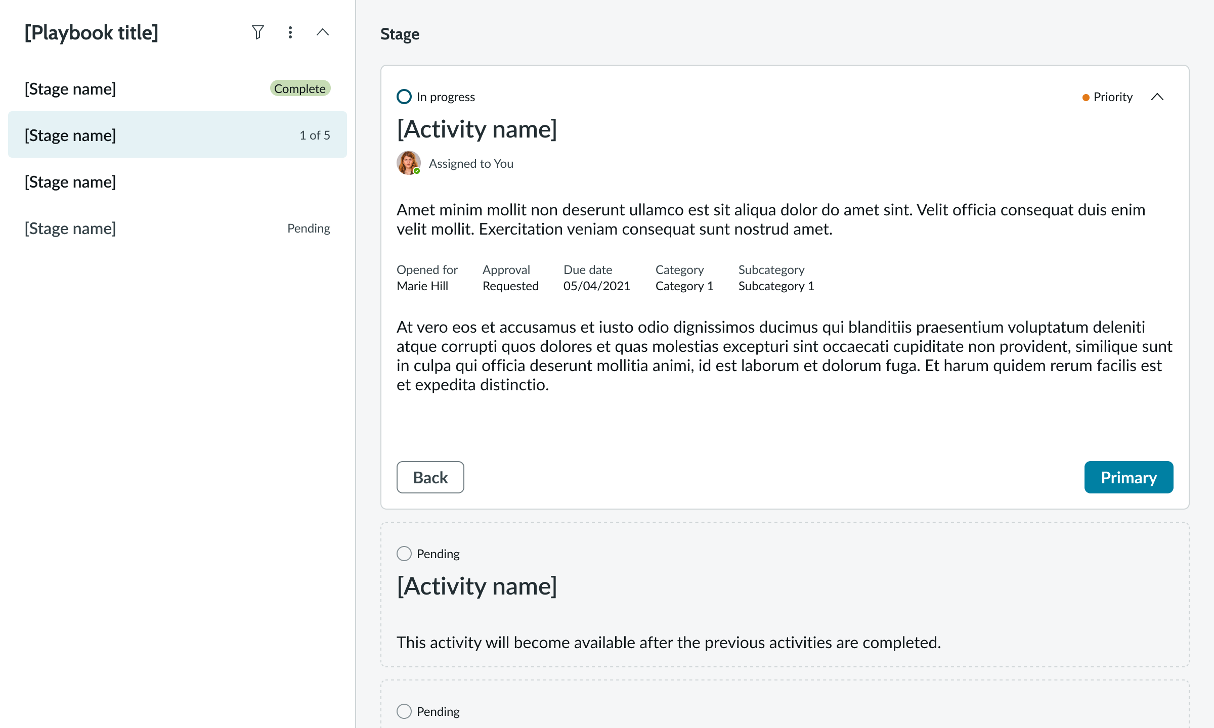 Playbook default full view shows the stage picker and activity view