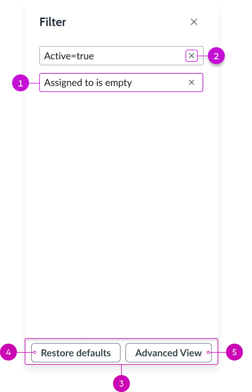 Shows the anatomy of the list filters