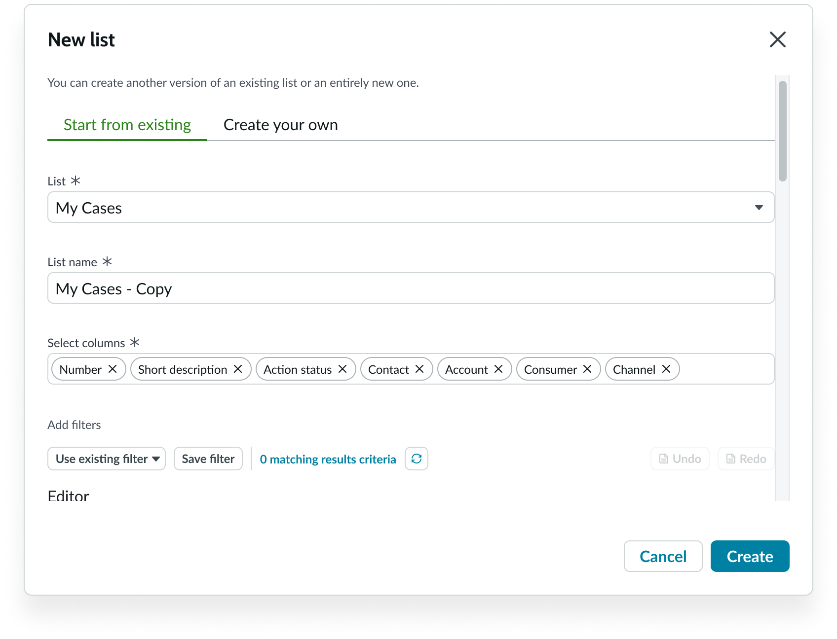 form for customizing columns and filters of an existing list