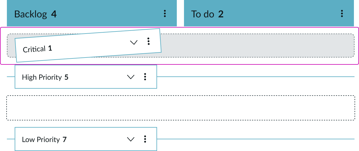 Dragged Kanban board swimlane with grey source space