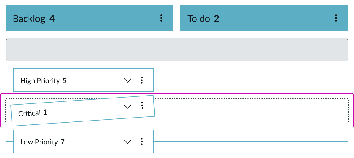 Dragged Kanban board swimlane with placeholder space to drop into